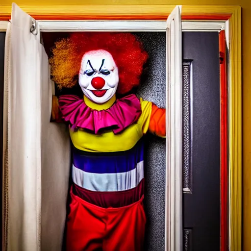 Prompt: clown peeking head out of closet nightmare