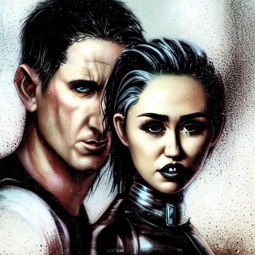 Prompt: An epic fantasy comic book style portrait painting of very imposing Industrial goths Trent Reznor and Miley Cyrus in the rain, wet hair, neon reflections, character design by Mark Ryden and Pixar and Hayao Miyazaki, unreal 5, DAZ, hyperrealistic, octane render, cosplay, RPG portrait, dynamic lighting, intricate detail, cinematic