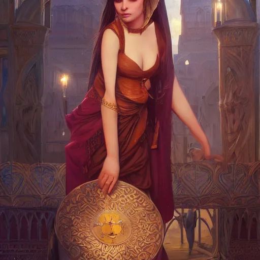 Prompt: A seductive twenty year old Mesopotamian witch in training, fully clothed in a major Mesopotamian city, portrait, highly detailed, digital painting, artstation, concept art, sharp focus, illustration, cinematic lighting, art by artgerm and greg rutkowski and alphonse mucha