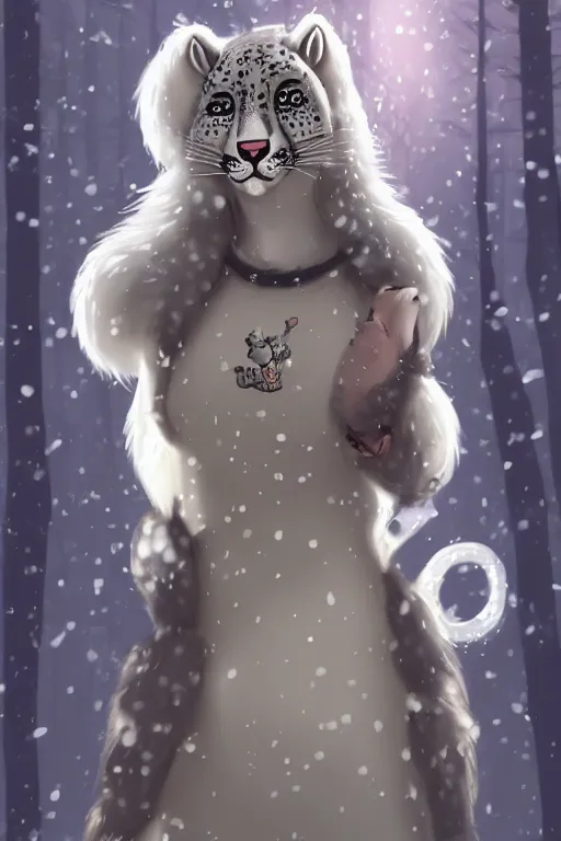 Image similar to a pretty medieval anthropomorphic snow leopard with a fluffy tail in the forest, comic art, trending on furaffinity, cartoon, kawaii, backlighting, furry art!!!, radiant light, bokeh, trending on artstation, digital art