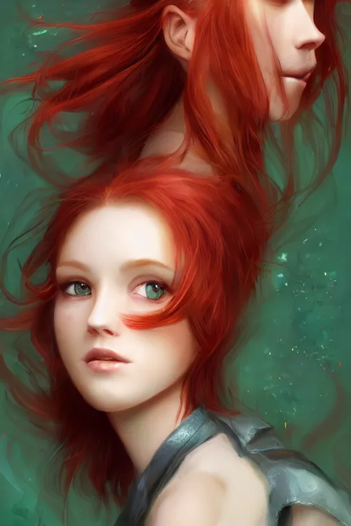 Image similar to beautiful cute red haired joyful and playful nineteen year old maiden standing up in casual green clothing, long hair, attractive face, modern city, rpg character, sci - fi, fantasy, intricate, elegant, digital painting, artstation, concept art, smooth, 8 k frostbite 3 engine, ultra detailed, art by artgerm magali villeneuve