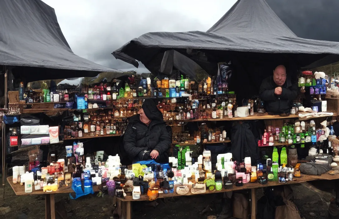 Image similar to market stall in Mordor with dark sky. An orc is selling dark toiletries and body parts