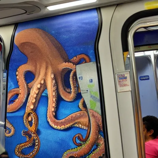 Image similar to of a giant octopus invading a interior of a subway train in new york,