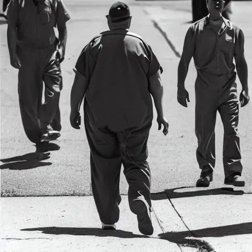 Image similar to photojournalist photo of donald trump!! in orange prison jumpsuit walking in the federal prison yard with other inmates, 3 5 mm f 1. 8