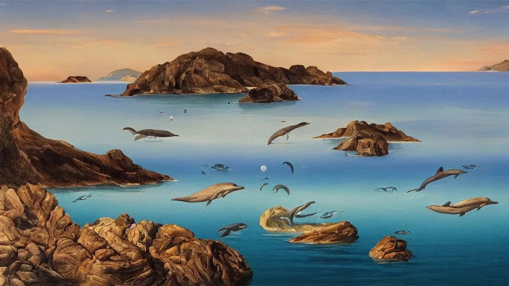 Image similar to High-Quality surrealist painting of Cap de Creus with dolphins at dawn, peaceful, very detailed, oil painting by Salvador Dalí.