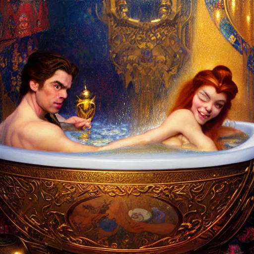 Prompt: portrait of the beast from beauty and the beast in the bath tub by disney. fantasy painting by gaston bussiere craig mullins jc leyendecker gustav klimt artgerm greg rutkowski john berkey, bergey, craig mullins, ruan jia, raymond swanland, tom lovell