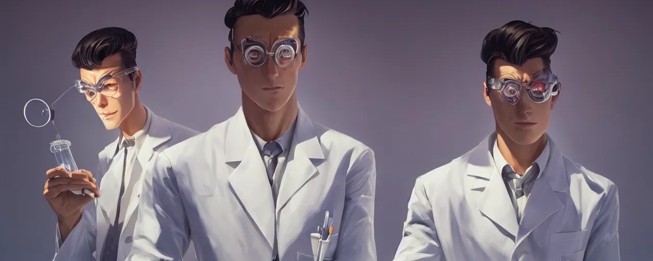 Image similar to stoic heroic emotionless butch young man scientist with short slicked - back hair, making an experiment - wearing white suit, wearing jetpack, digital art, rough paper, behance hd by jesper ejsing, by rhads, makoto shinkai and lois van baarle, ilya kuvshinov, rossdraws global illumination.