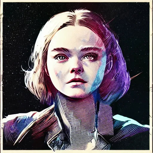 Image similar to ink illustration of Elle Fanning in the world of Fallout and Bruce Pennington, head and shoulders masterpiece, apocalypse, golden hour, cosmic horror, artstation, in the style of Yoji Shinkawa, extremely detailed