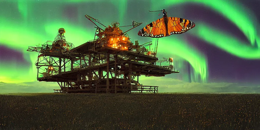 Prompt: on a night with the northern lights, a giant glowing butterfly sits on an oil platform in the prairie ， by craig mullins