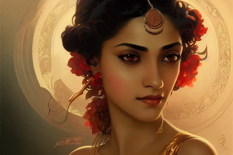 Image similar to sensual bengali girl, art deco portrait, elegant, intricate, digital painting, artstation, concept art, smooth, sharp focus, illustration, art by artgerm and greg rutkowski and alphonse mucha