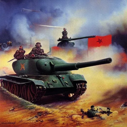 Prompt: soviet tank attack, battle painting by Mikhail Avilov