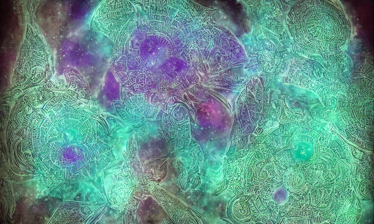 Image similar to fractal mandala nebula psy trip ghost color an ancient white bone and emerald gemstone relic, intricate engraving concept art style