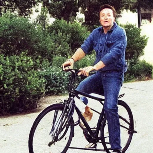 Image similar to elon musk riding an old rusty bike 1993