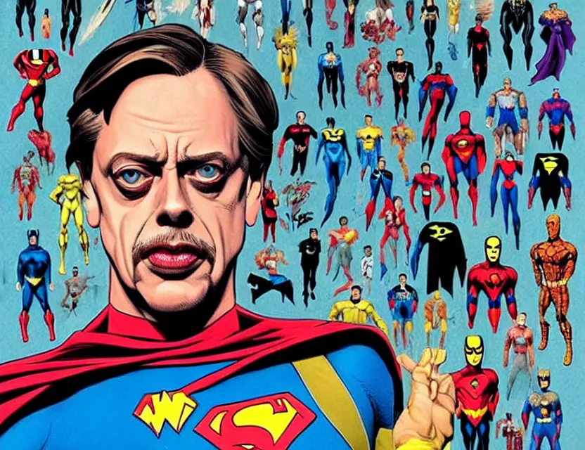 Prompt: steve buscemi as all the dc superheroes. gouache fairytale art, russian romanticism, muted palette, backlighting, depth of field, jack kirby