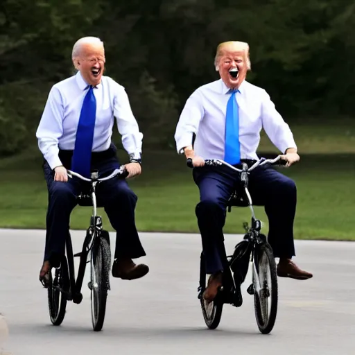 Image similar to joe biden and donald trump drunkenly riding a tandem bike together, laughing and joking,