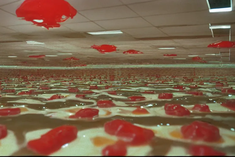 Image similar to flooded mcdonald's mc - aspic aspic meal, in 1 9 9 5, y 2 k cybercore, industrial low - light photography, still from a ridley scott movie