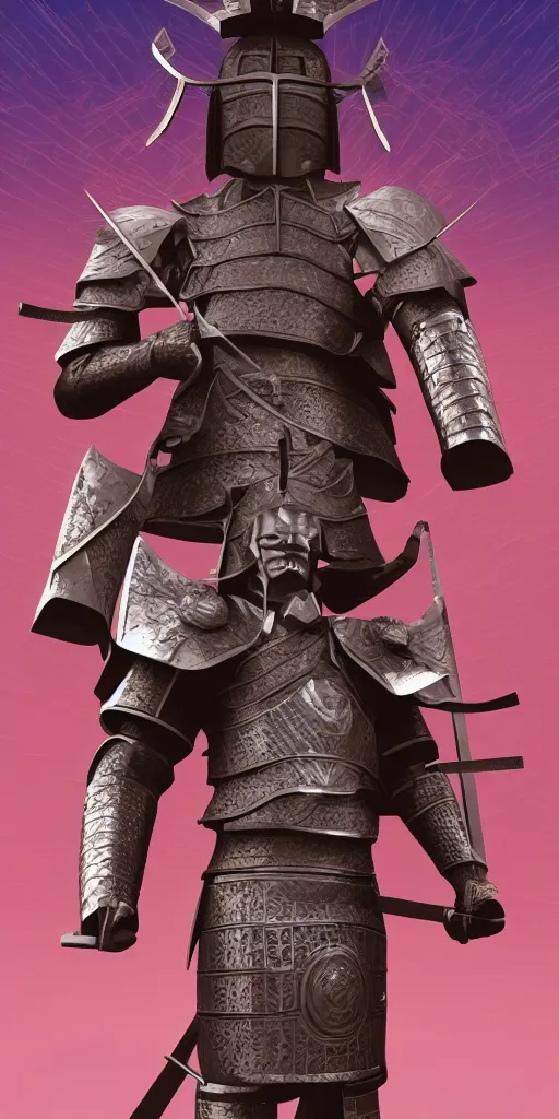 Image similar to samurai warrior in armor, 3 d render, polygonal, geometric, lilac background, vaporwave, hd, 4 k, poster