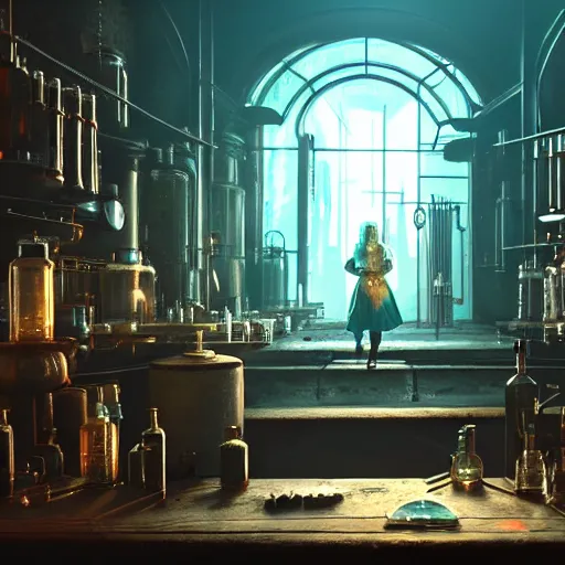 Image similar to cyberpunk alchemy laboratory full of potions, ciri from the witcher. stunning 3 d render, flesh texture, realistic, highly detailed attributes and atmosphere, dim volumetric cinematic lighting, 8 k octane detailed render, post - processing, masterpiece, rtx on, rendering on unreal engine