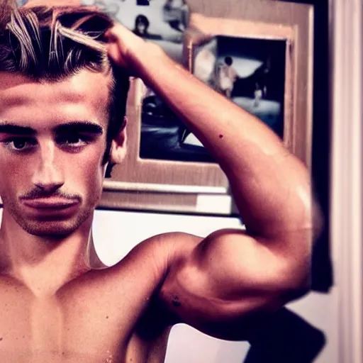 Image similar to a realistic detailed photo of a guy who is an attractive humanoid who is half robot and half humanoid, who is a male android, soccer player antoine griezmann, shiny skin, posing like a statue, blank stare, in a living room, on display, showing off his muscles