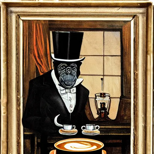 Prompt: Gothic painting of a chimpanzee wearing a top hat, serving coffee as a barista, in a night-time old-fashioned New York Cafe, candlelight, full shot