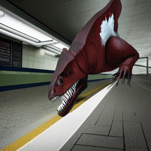 Prompt: t - rex doing parkour in a subway, photorealistic, 3 d render