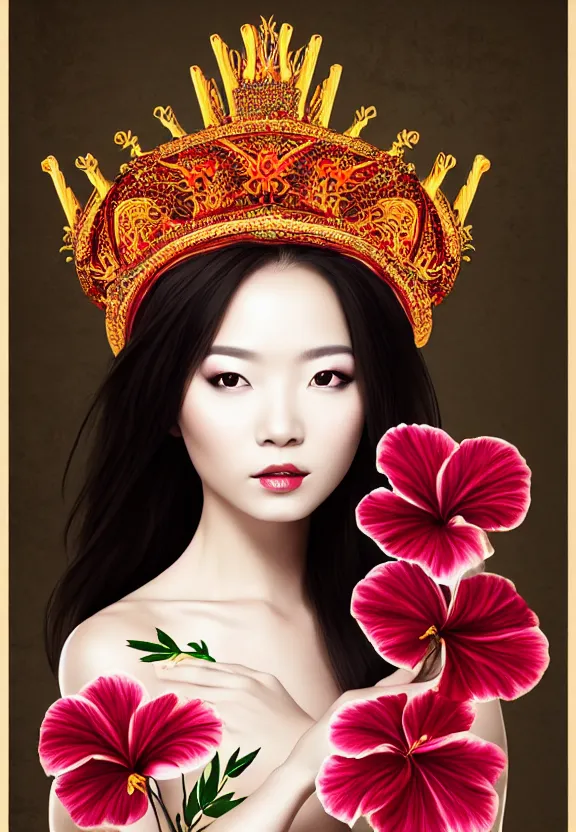 Prompt: beautiful oriental woman with gorgeous crown, symmetrical portrait, realistic, full body, white snake wrapped around body, hibiscus rosa - sinensis, rich in detail, by wlop