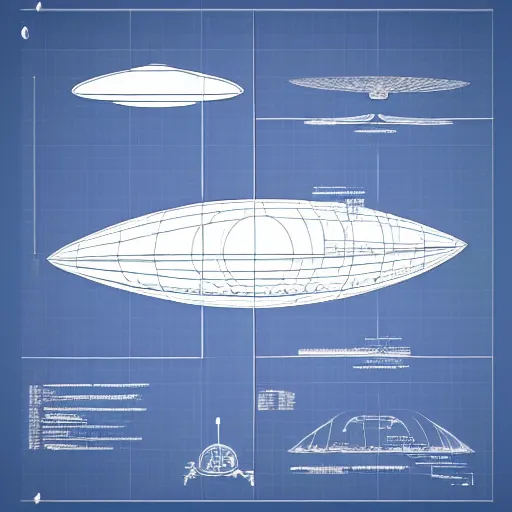 Prompt: technical drawing explaining the concept of ufo space ship, blueprint, detailed map, scientific, x - rays, infographic