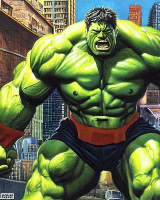 Image similar to a moody oil painting of the incredible hulk looking angry at noon in a city by joe jusko.