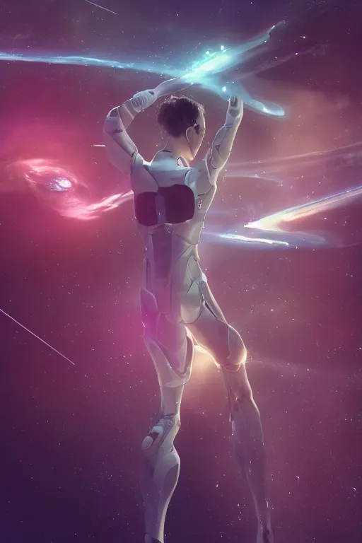 Image similar to woman cyborg floating in space letting go of reality and experiencing the quantum feild, matte painting comic book art, cinematic, highly detailed, realistic, beautiful cosmic neural network, octane render, unreal engine, depth of field, trending on artstation, sharp focus, philosophical splashes of colors