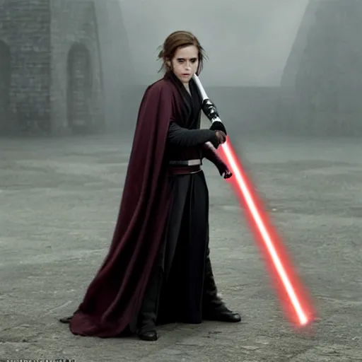Prompt: emma watson as a sith lord with a cloak and a lightsaber