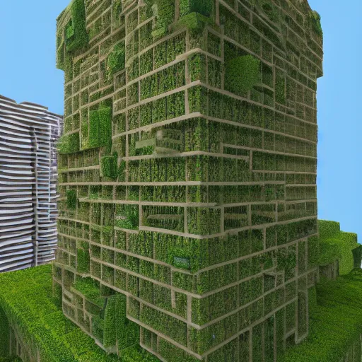 Prompt: cubic building made of bricks, overgrown with vegetation, one-point perspective, 4k, 8k