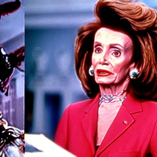 Image similar to film still of nancy pelosi as zuul in ghostbusters.