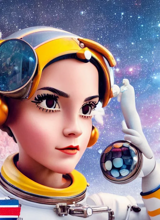 Prompt: closeup profile portrait of tin toy emma watson spacegirl astronaut, bikini, depth of field, zeiss lens, detailed, symmetrical, centered, fashion photoshoot, by nicoletta ceccoli, mark ryden, lostfish, breathtaking, 8 k resolution, extremely detailed, beautiful, establishing shot, artistic, hyperrealistic, octane render