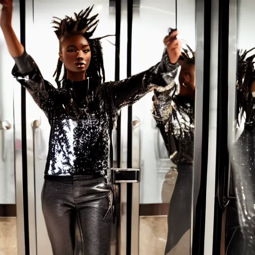 Prompt: black fashion model doing a selfie in elevator full of mirrors