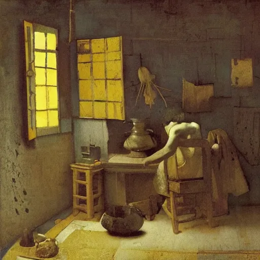 Image similar to primitive society illustrated by johannes vermeer, greg rutkowski, gaston bussiere, van gogh, davinci, and zdzisław beksinski, award - winning, cgsociety contest winner