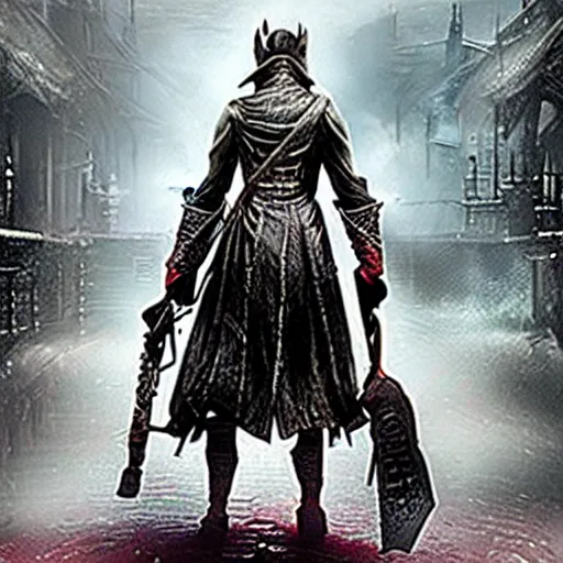 Image similar to elizabeth olson as a bloodborne hunter, in the style of bloodborne