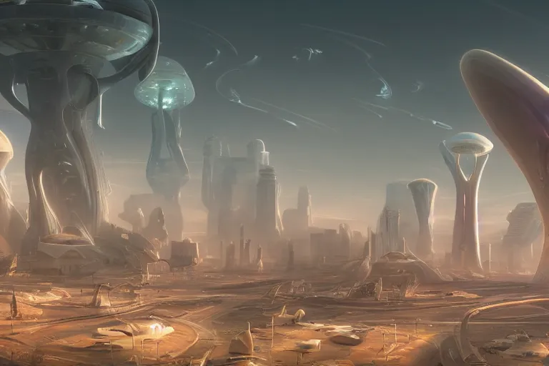 Image similar to a futuristic image of an alien desert with a gigantic complex mushroom shaped spaceport, fine detail, by James clyne and Andrée Wallin, foggy, cyberpunk city in the distance, iridescent, artstation, CG society, Ariel view, extra wide angle, morning light