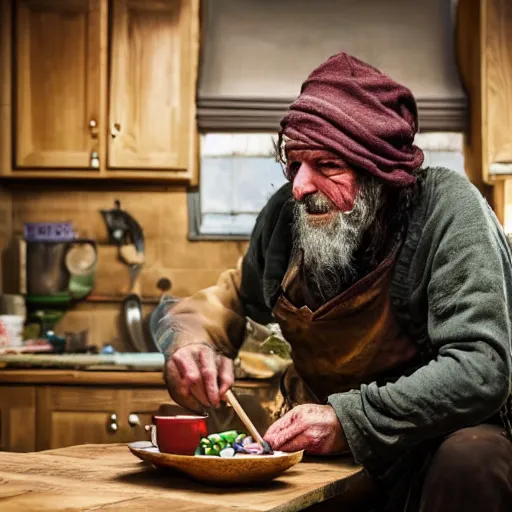 Image similar to british magical hobo breaks into some ork's kitchen and attacks them, 4 k, detailed, real life photo, sharp focus, photorealistic