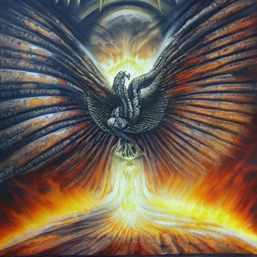 Prompt: painting by h. r. giger, phoenix rising from the ashes, energetic composition, cloudy, hellfire, brimstone, highly detailed painting, 4 k, extreme rage, wrath