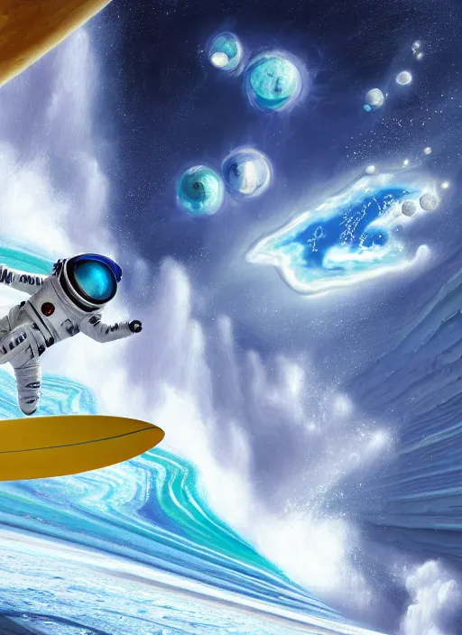 Prompt: an amazing digital painting of an astronaut in a white and royal blue luxurious space suit surfing an interstellar tsunami on a futuristic surfboard at Pamukkale, thermal waters flowing down multiversal gold travertine terraces by greg rutkowski, photorealistic, trending on artstation, highly detailed, unreal engine, octane render