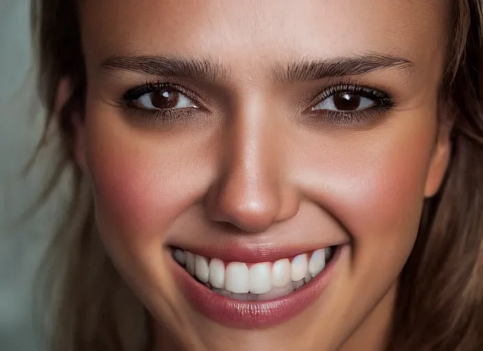 Image similar to a closeup, 4 5 mm, detailed photograph of a woman looking at camera with a seductive smile, half jessica alba half nathalie portman half scarlett johansson, beautiful low light, 4 5 mm, by franz lanting