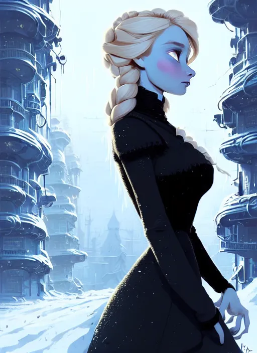 Image similar to highly detailed portrait of a hopeful frostpunk long blonde hair lady with curvy short black dress, stray wiring by atey ghailan, james gilleard, by joe fenton, by greg rutkowski, by greg tocchini, by kaethe butcher, 4 k resolution, gradient blue, black and white color scheme!!! ( ( frozen robotic dystopian city background ) )