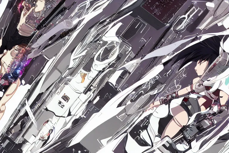 Prompt: a cyberpunk anime illustration of a group of female androids' body parts lying scattered over an abstract, empty, white floor, by masamune shirow, hajime sorayama and katsuhiro otomo, view from above, minimalist