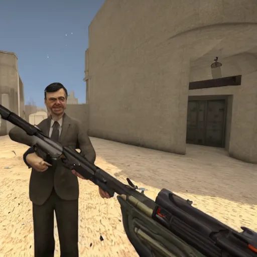 Image similar to mr bean holding an awp in dust 2, counter strike global offensive, videogame, 8 k, award winning