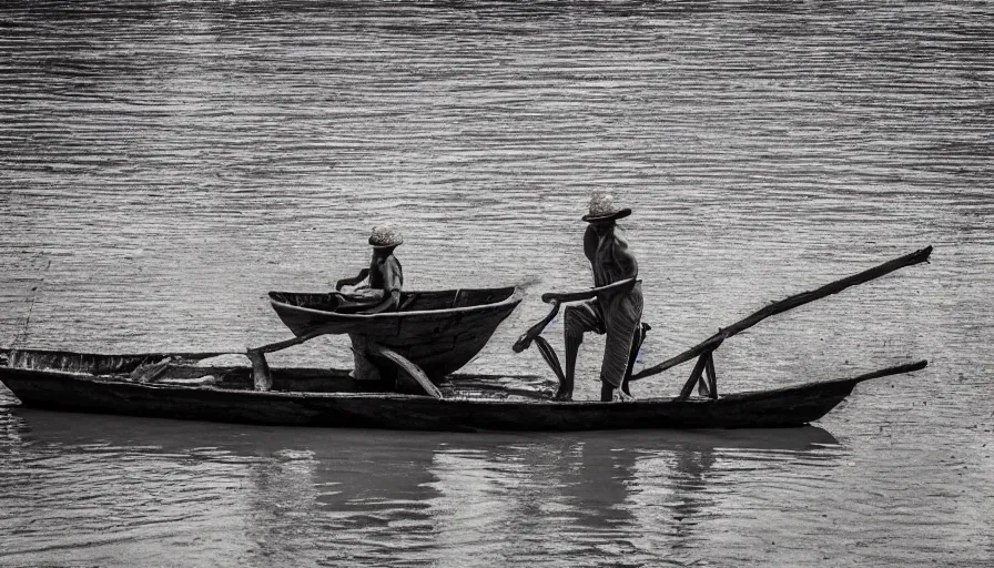 Image similar to a man in a organic barque on a mud river, leica sl 2 technicolor, heavy grain, high quality, high detail