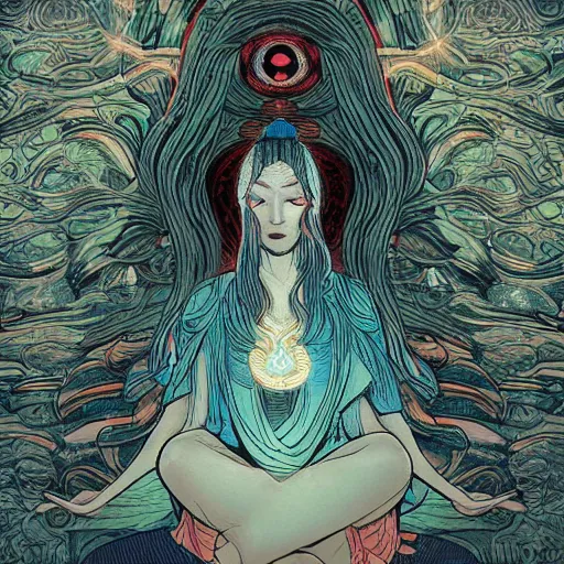 Image similar to female oracle in meditation, detailed, ambient lighting, in the style of james jean