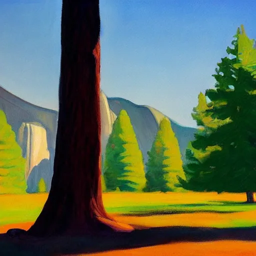 Image similar to a beautiful painting of a sequioia tree in the middle of yosemite valley in the style of edward hopper