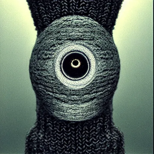 Image similar to portrait photo of a wool sock with giant eyes, face made from thick cyberpunk wires, extremely high details, realistic, by MC Escher and Rene Margitte and victor enrich