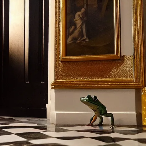 Image similar to a small frog standing on two feet at the hotel reception entry, renaissance painting