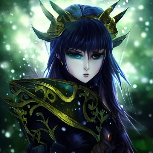 Prompt: focus face portrait of beautiful darkness knight 3D anime girl, Armor wearing, dark forest background, snowing, bokeh, inspired by Masami Kurumada, digital painting, high contrast, unreal engine render, volumetric lighting, high détail